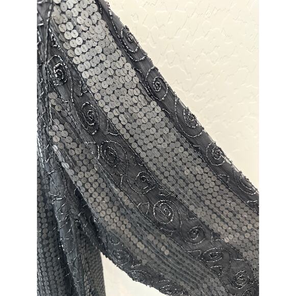 🆕 JEWEL QUEEN | Vintage Black 100% Silk Sequin Beaded Heavyweight Cardigan | XL - Picture 3 of 7